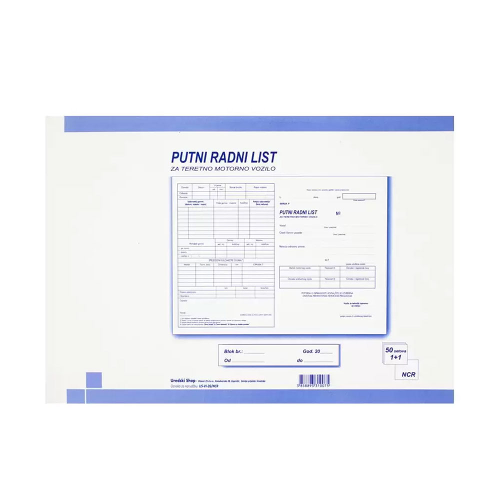 US-VI-26/NCR Putni radni list za teretno motorno vozilo, 2×50 listova
